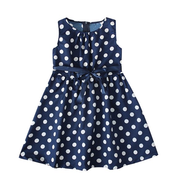 HBFAGFB Robes d'Été pour Filles Robe Sans Manches à Pois avec Ceinture Jupe Décontractée Simple Marine Taille 130