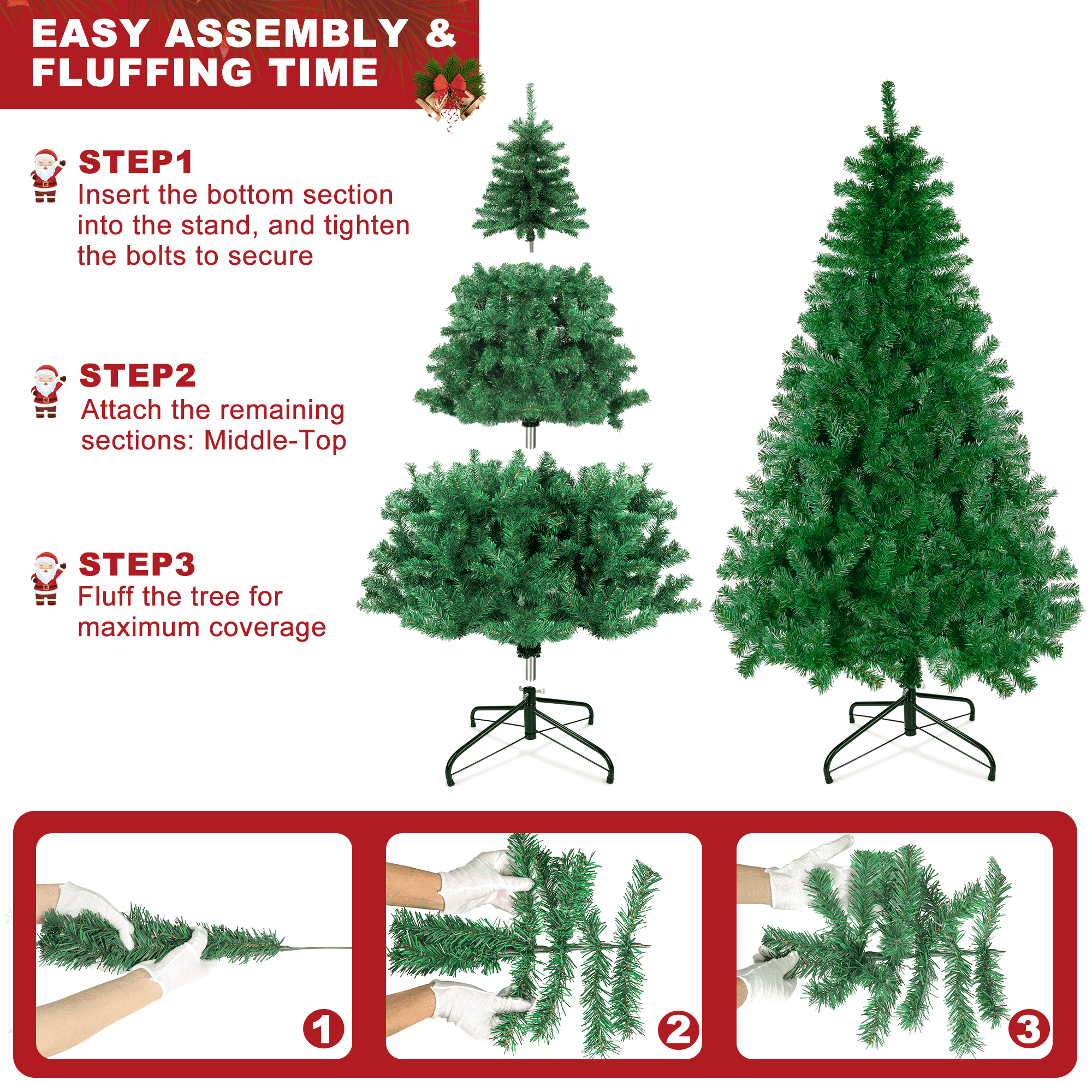 GIKPAL 6FT Artificial Christmas Tree W/ 800 Tips, Holiday Xmas Tree for Indoor Outdoor Decor, Fir Christmas Tree with Metal Base - Green