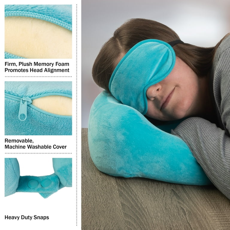Home Complete 1.65 lb 11 inch Travel Neck Pillow Set with Fleece Blanket and Eye Mask Blue
