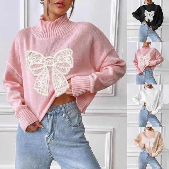 Bixock Women Fall and Winter Top,Women Sweater,Women's Casual Mock Neck Short Style Bow Embroidery Pullover Knitted Sweater