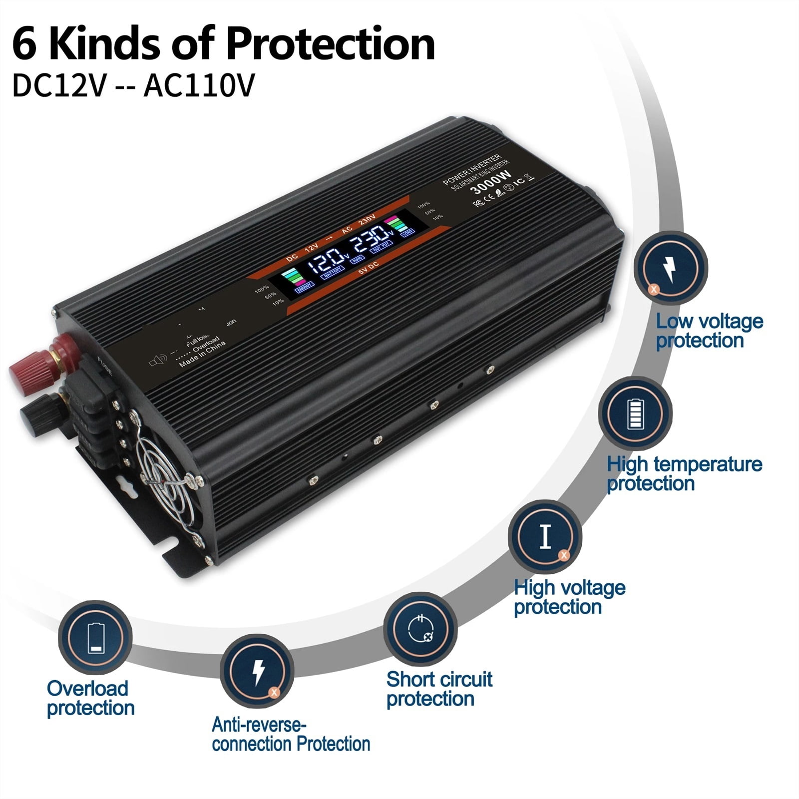 LCD 3000W Car Inverter DC 12V/24V to AC 220 230 Voltage Display Solar Power Converter Dual Replaceable Fuse