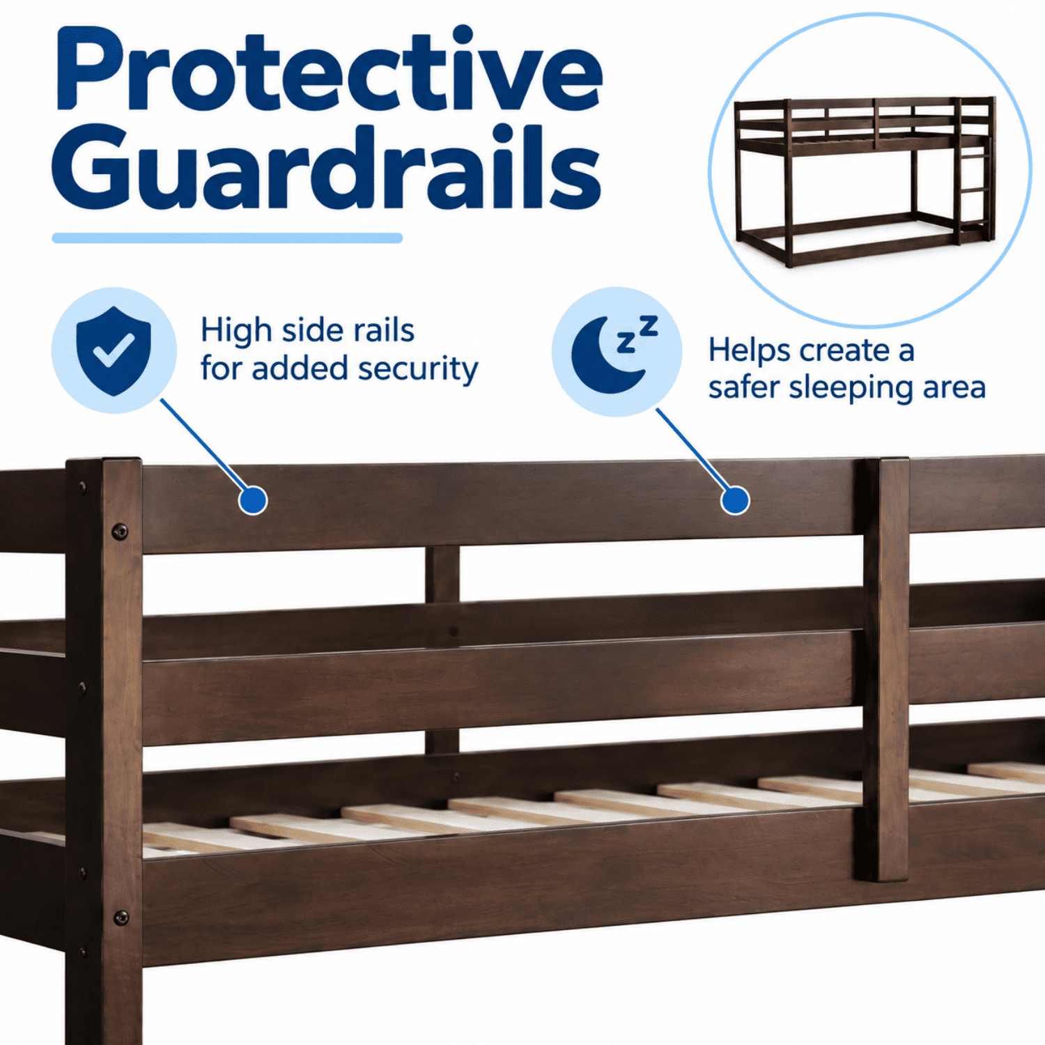 Miniyam Wood Twin over Twin Floor Bunk Bed with Ladder and Guardrails, Espresso