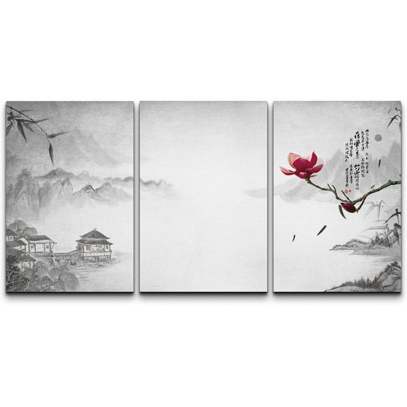 wall26 Canvas Print Wall Art Set Red Lotus Blossom Over Chinese Province Nature Wilderness Illustrations Modern Art Cultural Scenic Relax/Calm for Living Room, Bedroom, Office - 16"x24"x3 P