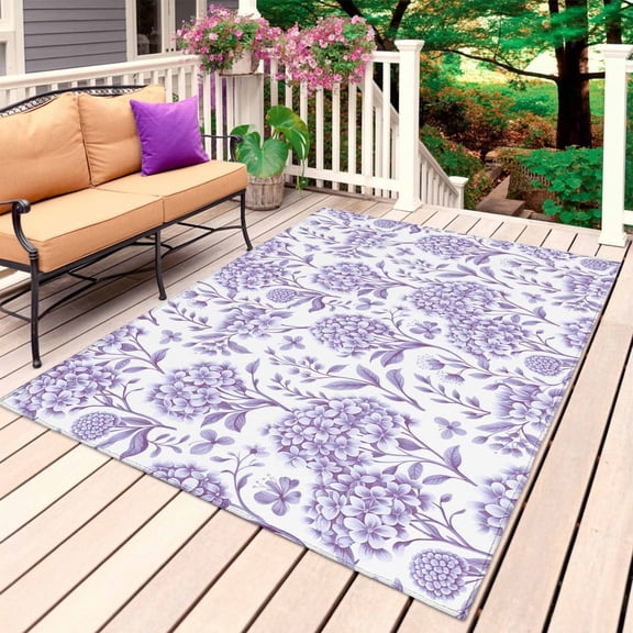 Purple Flowers Outdoor Rug for Patio/Deck/Porch, Non-Slip Large Area Rug 5 x 7 Ft, Botanical Floral Vintage Wildflower Indoor Outdoor Rugs Washable Area Rugs, Reversible Camping Rug Carpet Runner