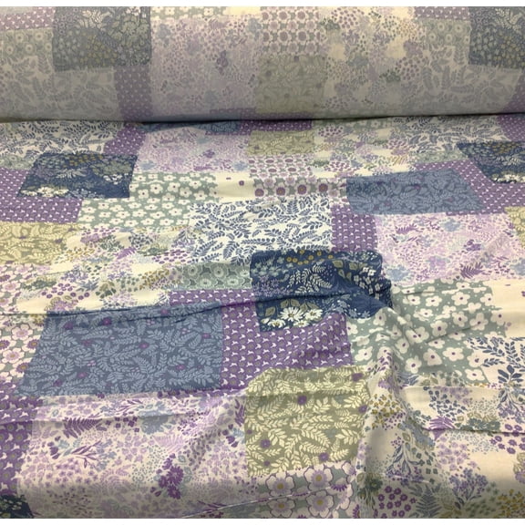 Challis Rayon Apparel Fabric Floral Patch Slate Blue Lavender Purple Sage F221