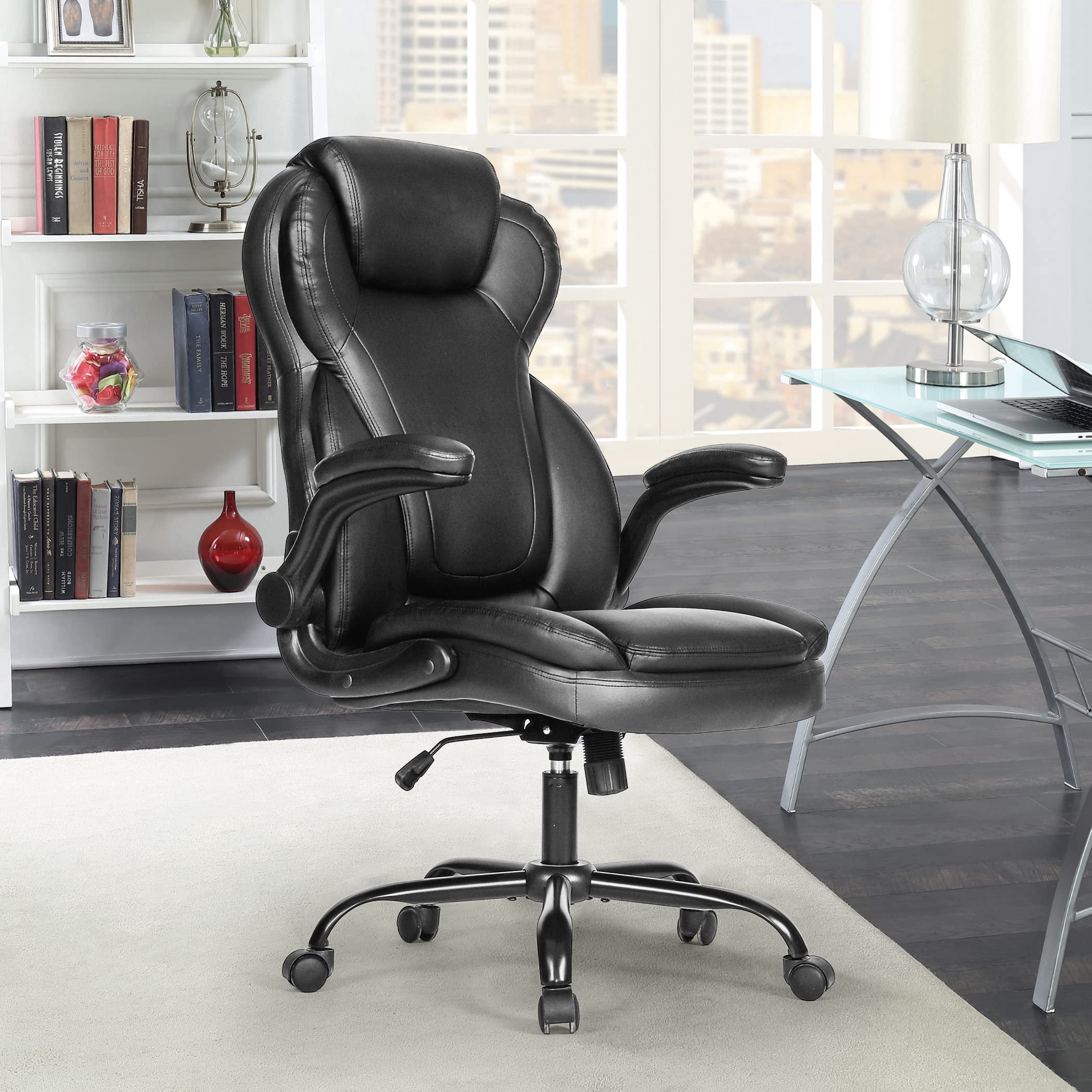 JONPONY 500lbs Big and Tall Office Chair Capacity, Ergonomic PU Leather High Back Executive Office Chair with Tilt, Rock Tension Adjustment, Extra Wide Seat, Padded Armrests, Black
