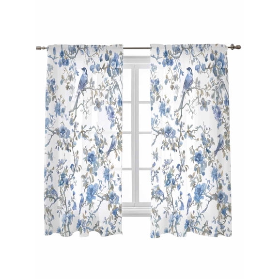 Blue Floral Birds Curtains 72 Inch Length, Sheer Curtains for Bedroom Living Room Window Farmhouse Flowers Pastoral Rod Pocket Voile Drapes Kitchen Curtains Small Half Window 52"x72" 2 Panels