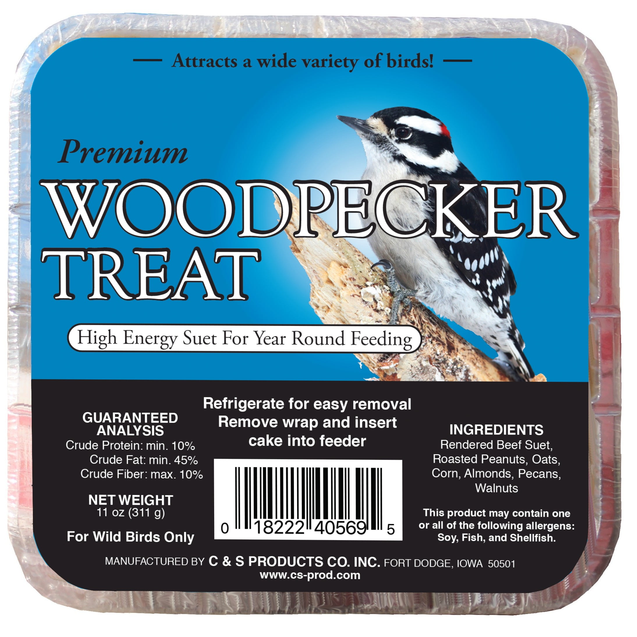 C&S Woodpecker Treat Suet, With Tree Nuts for Year Round Feeding, 11 oz