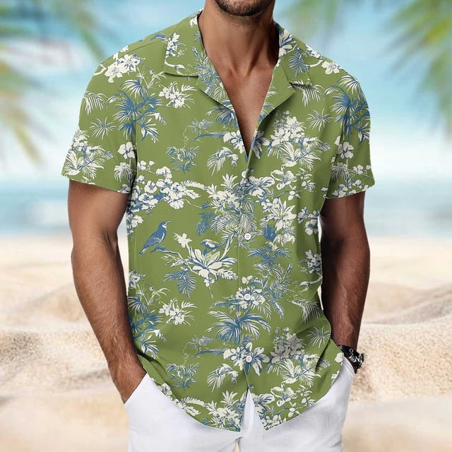 Ceisia Men's Breathable Four-Way Stretch Olive Green White Blue Floral Bird Print Cuban Collar Short Sleeve Hawaiian Beach Shirt Gift