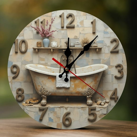 Wall Clock Decorative - Retro Bathtub Decor Print 2D Vintage Wall Clocks Battery Operated Silent Non-Ticking for Bedroom, Living Room, Kitchen, Office, Classroom, 10 Inch