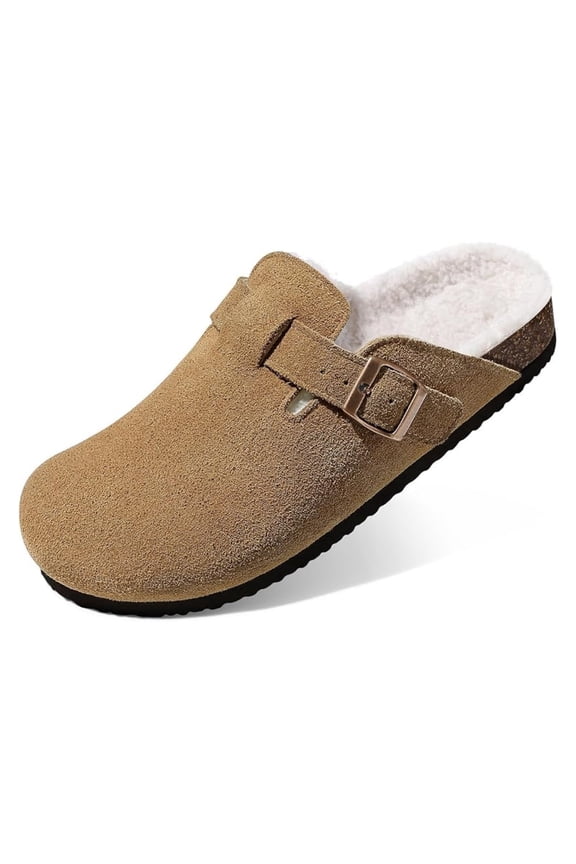 Women's Faux Fur Lined Suede Clogs Fuzzy Cork Footbed Mules Slip On Winter Potato Shoes