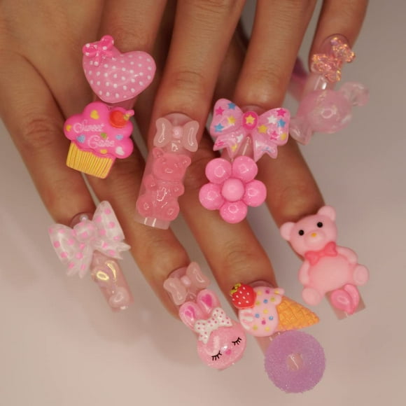 Long Fake Nails Square Press on Nails with Charms Nude Pink Acrylic Nails Cute Heart Bear Charm Designs 24Pcs