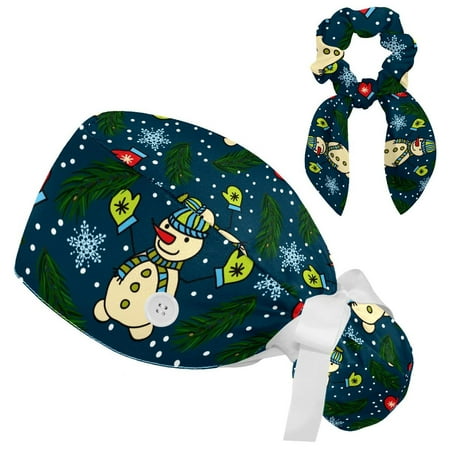 

Working Cap with Buttons and Sweatband Scrub Hat Bouffant Caps with Scrunchie Christmas Tie Back Hats