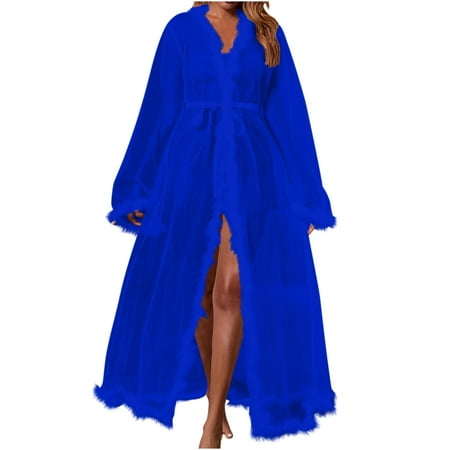 TMOYZQ Women s Plus Size Sheer Mesh Kimono Robe Furry Trim Babydoll Lingerie Chemise See Through Belted Bathrobe Nightgown Bridal Bridesmaid Wedding Party Gown Beach Bikini Cover Up