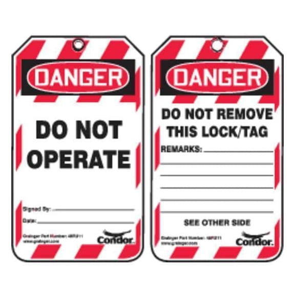 Lockout Safety Tag, Danger Do Not Operate, Plastic, 3.25 in W x 5.75 in H, PK25