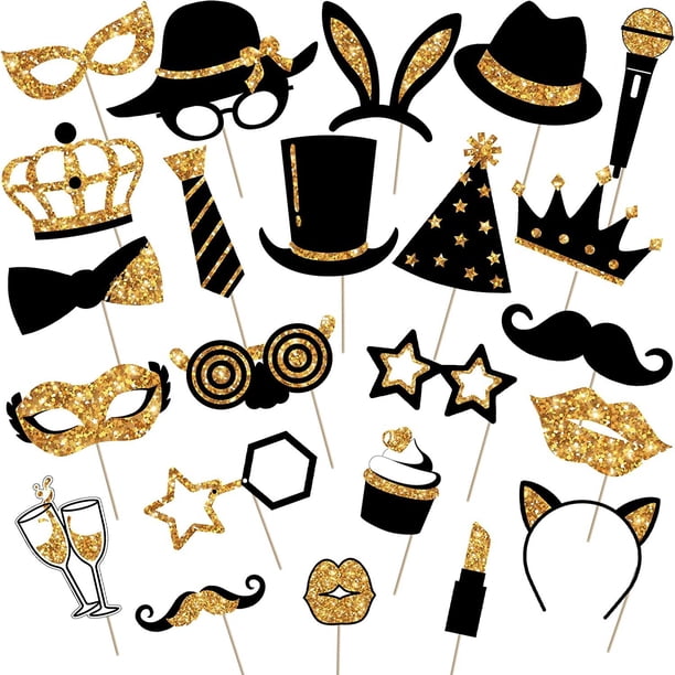 24 Piezas de Accesorios para Fotomatón de Fiesta para Cumpleaños, Bodas, Graduación, Baile de Graduación, Suministros para Fiesta de Año Nuevo, Mezcla de Sombreros, Lápiz Labial, Corbata, Co