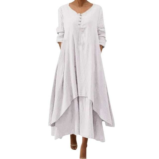 GDREDA Robe Maxi Fluide pour Femme, Décontractée, à Manches Longues, Coupe Ample, Unie, Col Rond, Ourlet Irrégulier, Blanche, TG