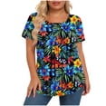 thumbnail image 2 of Feancey Women's Pleated Blouses Plus Size Casual Floral Printed T-Shirts Crewneck Short Sleeve Summer Tops Ladies Elegant Work Tees Blue 5XL, 2 of 7