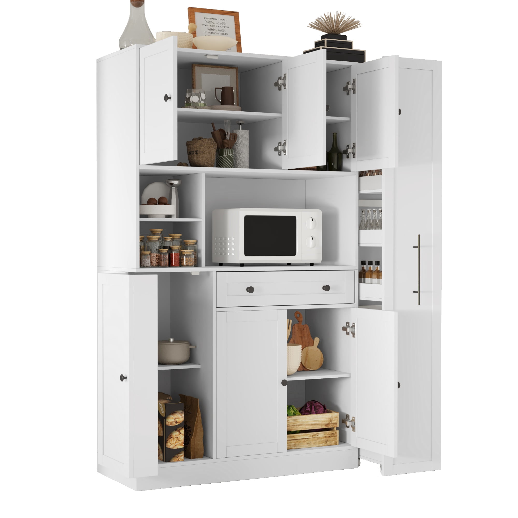 Euroco Extra Deep Buffet Cabinet with Hutch and Pull-Out Side Cabinet on Wheels, 52.8'' Kitchen Pantry with Adjustable Shelves, Coffee Bar Sideboard Storage Cabinet