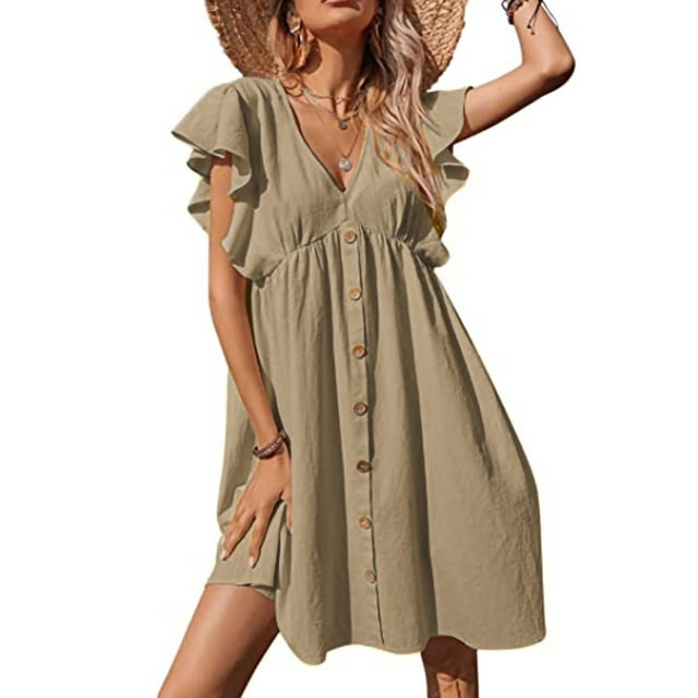 Bellella Robe Mini pour Femmes Robe Courte à Volants Col en V Robe d'Été Décontractée Manches Femme Kaki 3TG