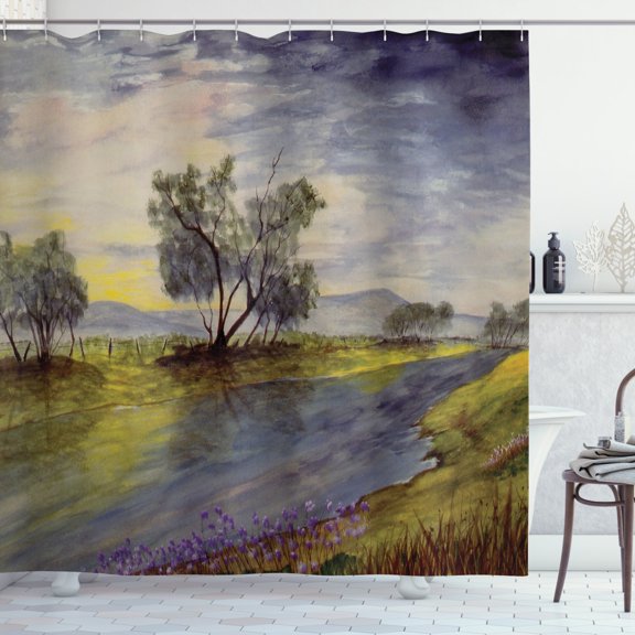 Ambesonne Woodland Shower Curtain, Watercolor River Scene, 69"Wx84"L, Apple Green Blue