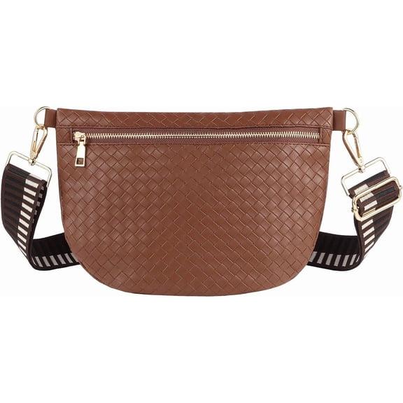 Woven Crossbody Bags for Women Leather Belt Bum Sling Purse Fanny Waist Pack Chest Shoulder Bag for Women-Dark Brown