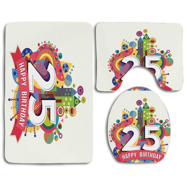 ABPHQTO Tarjeta Felicitación Celebración Divertida 25 Cumpleaños Inspirado Etiqueta Texto Número Juego de alfombras de baño de 3 piezas Alfombra de baño Alfombra de contorno y tapa de inodoro ABPHQTO Cont-CHAPPLE-23387