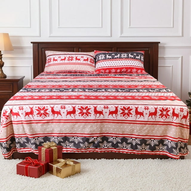 HITIME Juego de Sábanas Navideñas 4 Piezas Tamaño King, Bolsillos Profundos 16 Pulgadas, Microfibra de Poliéster Suave con Estampado Festivo, Ideal para Decoración y Regalo