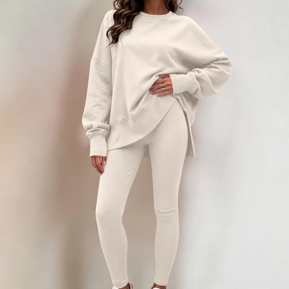 Xdegoge Womens 2 Piece Lounge Sets Oversized Crewneck Long Sleeve Drop Shoulder Tunic Sweatshirt and High Waisted Leggings Casual Fall Workout Tracksuit