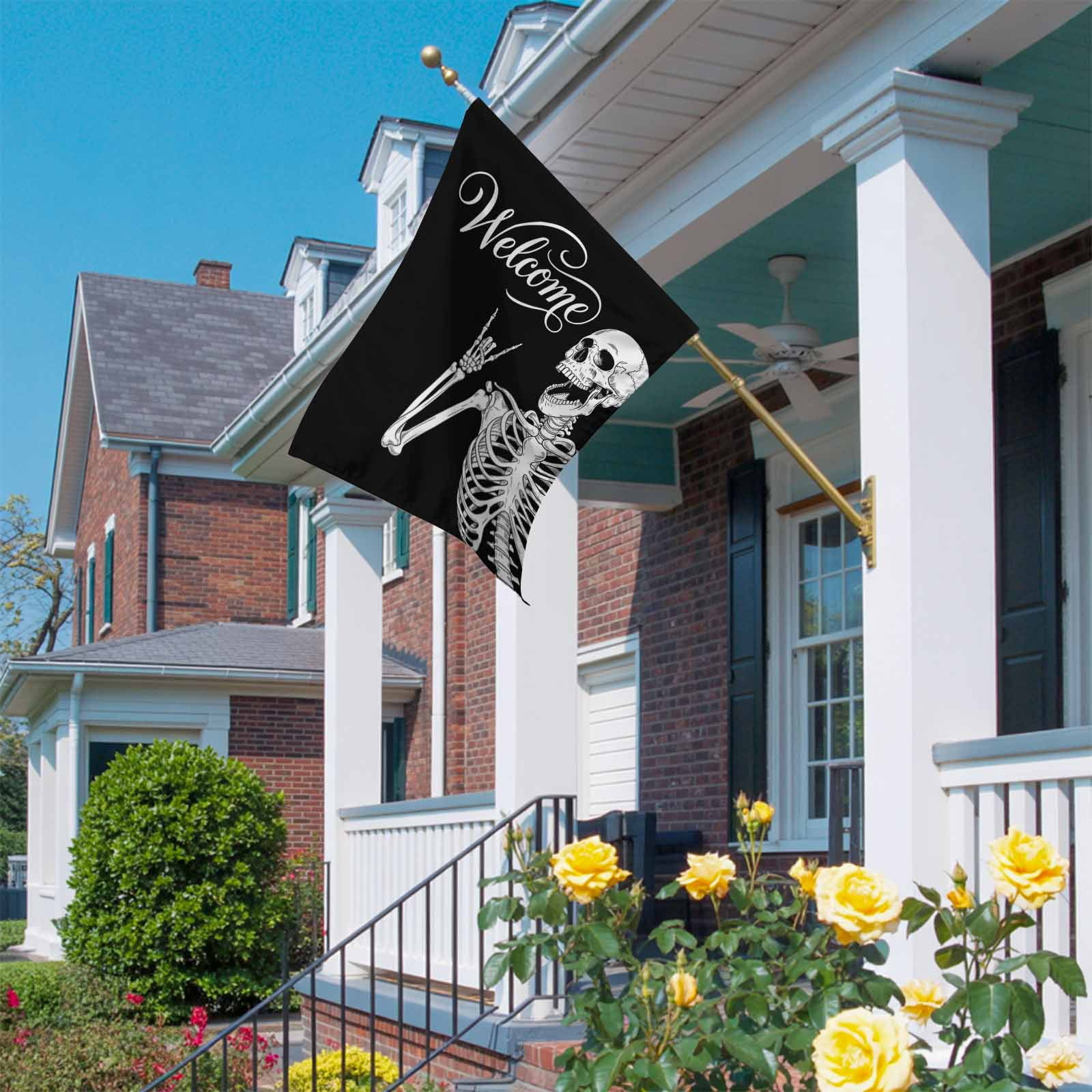 Welcome Skull House Flag 28 x 40 Inches, Funny Skeleton Abstract Black Background Weather Proof Outdoor Patio Flags Double Sided Small House Decoration for Yard Lawn Outside Home
