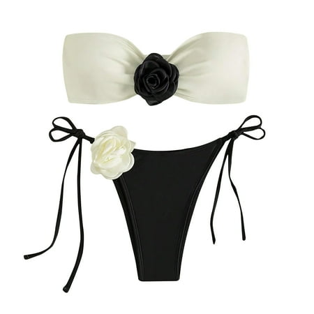Abomasnow Women s Bandeau Bikini Sets Strapless Two Piece Swimsuits Tie Side String Ruched Thong Bottom High Cut Bathing Suits Cheeky Swimwear