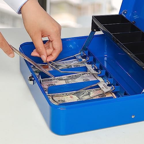 Locking Large Metal Cash Box with Money Tray, Lock Money Box with Key, Blue, CB00513XL