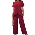 thumbnail image 2 of ClodeEU Women's Asymmetric Two Piece Casual Set ,Loose Fit Short Sleeve Round Neck Tops and Wide Leg Pant Wine,Womens Plus M, 2 of 5