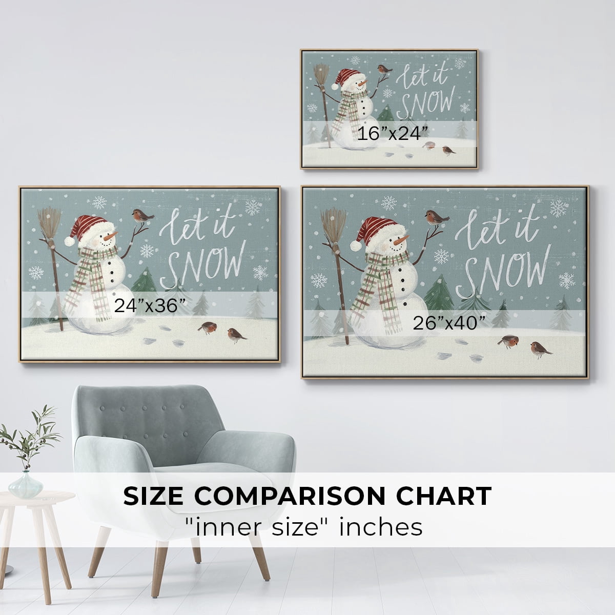 Jolly Snowman Collection A - Framed Gallery Wrapped Holiday Canvas - 27 x 41 - Natural Wood Frame