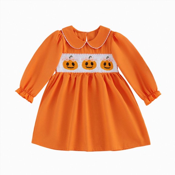 larppty Toddler Baby Girl Halloween Outfit Plaid Smocked Dress Pumpkin Ghost Long Sleeve Dresses Girls Fall Winter Clothes