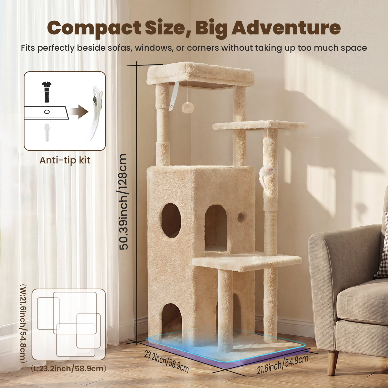 50-inch Large Cat Tree for Adult Cats, Multi-Level Cat Condo with 2 Cozy Caves, Steps, Sisal Scratching Posts & Toys, Beige
