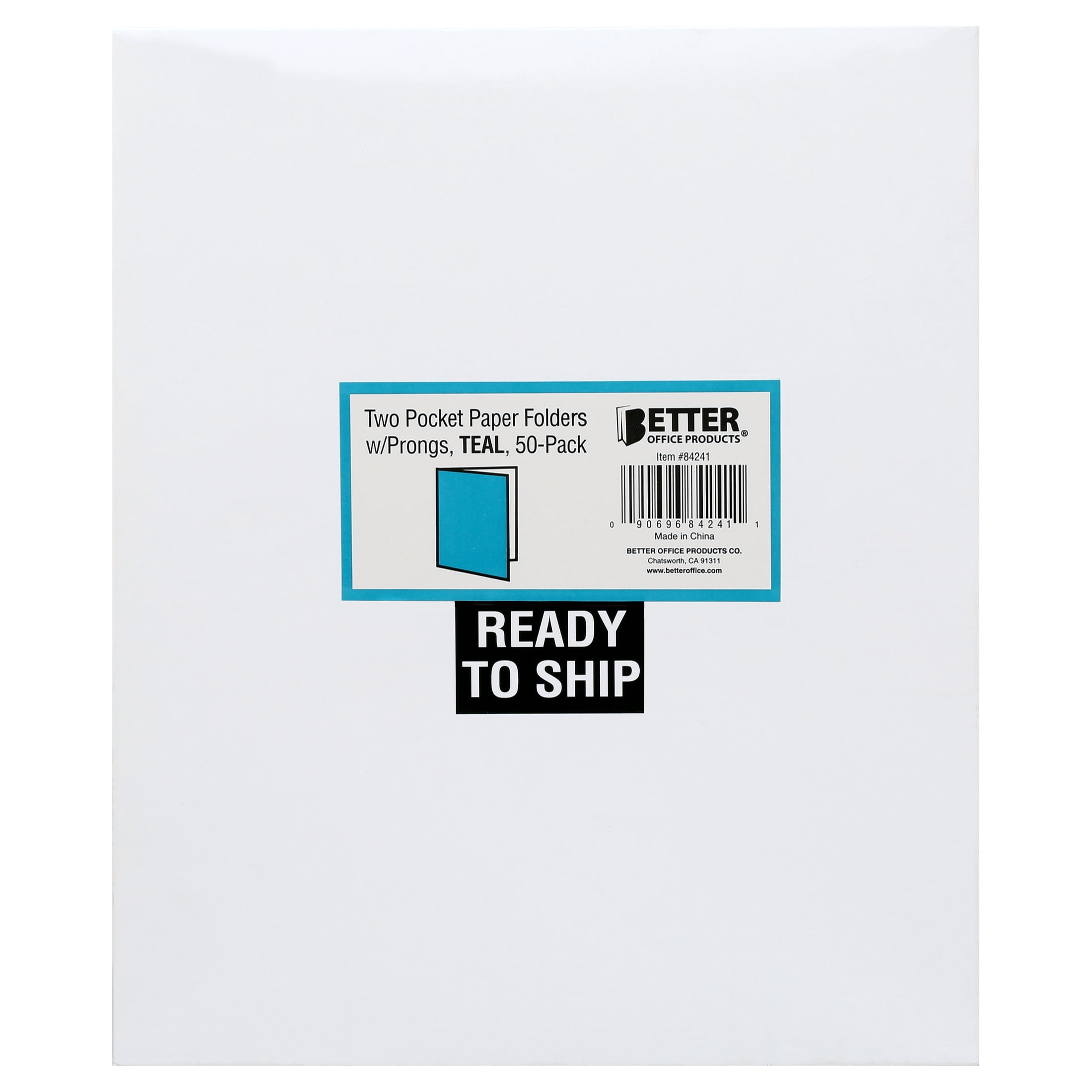 Teal Paper 2 Pocket Folders with Prongs, 50 Pack, by Better Office Products, Matte Texture, Letter Size Paper Folders, 50 Pack, with 3 Metal Prong Fastener Clips, Teal