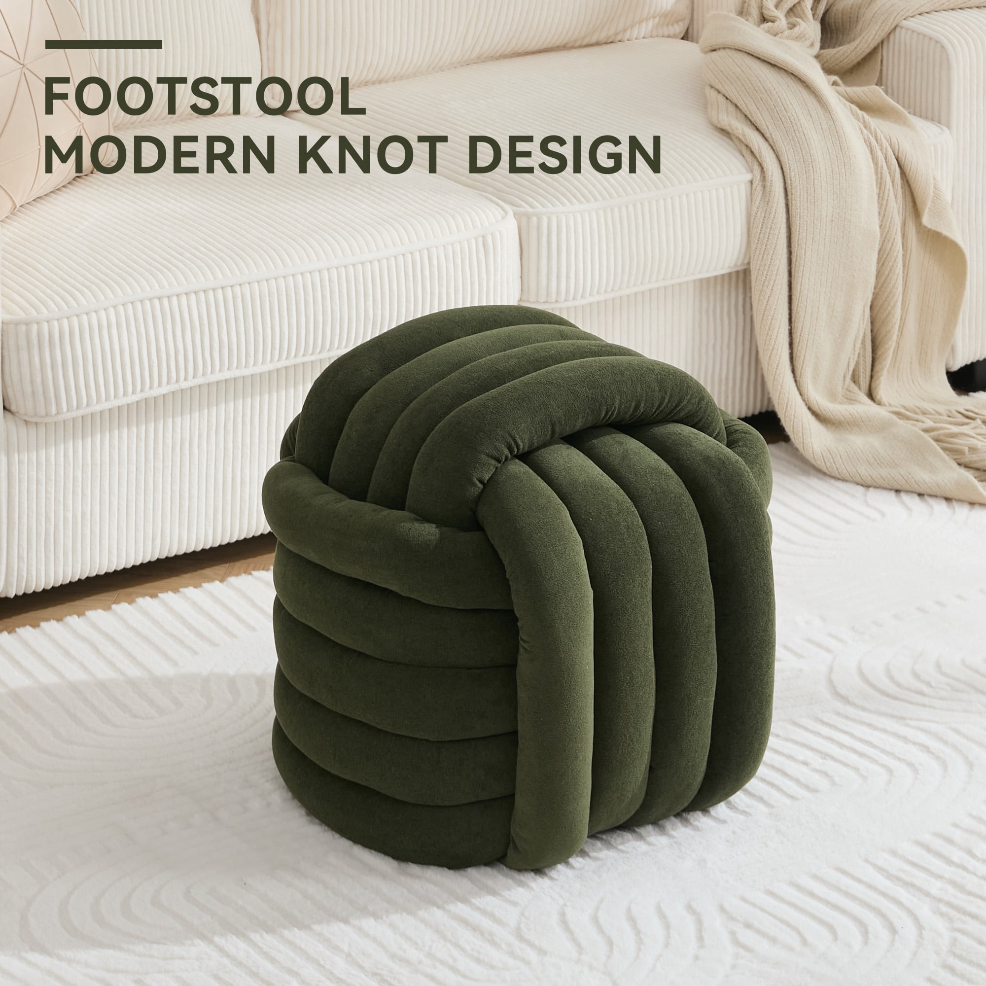 Timbernest Small Ottoman Foot Rest, Modern Stylish Chenille Foot Stool, Knot Design Makeup Stool, Green