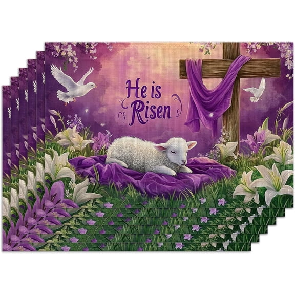 Table Placemats Set of 6,Easter Wooden Cross Washable Heat Resistant Placemats,Cute Sheep Dove Dining Table Decor Mat for Home Kitchen Restaurant Cafes Indoor 12x18 Inch