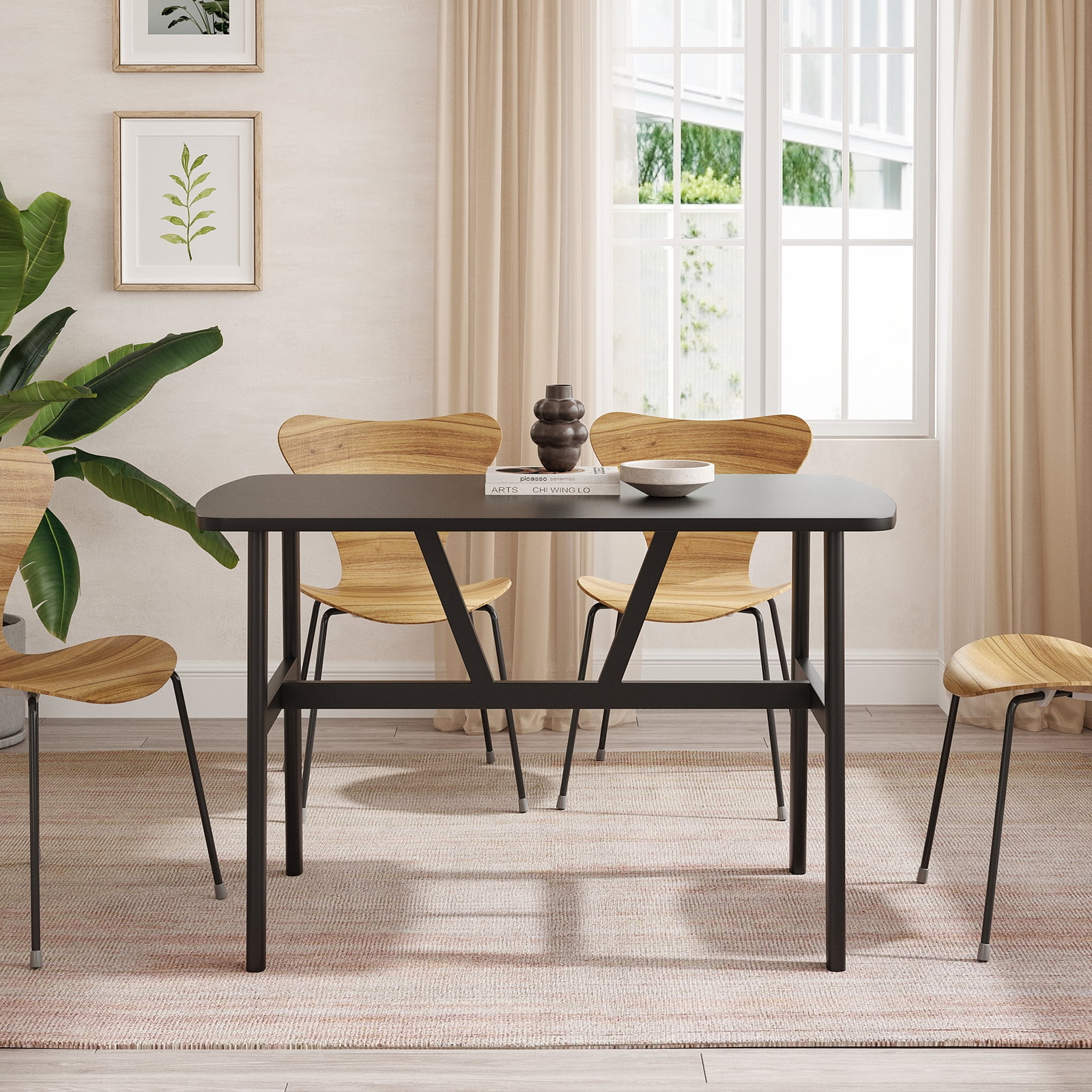 47.2 Inch Black Rectangular Dining Table for 4-6 People, Modern Wood Kitchen Dinner Table, Sturdy Trapezoidal Metal Frame, Safe Rounded Corner Design for Dining Room, Kitchen and Restaurant