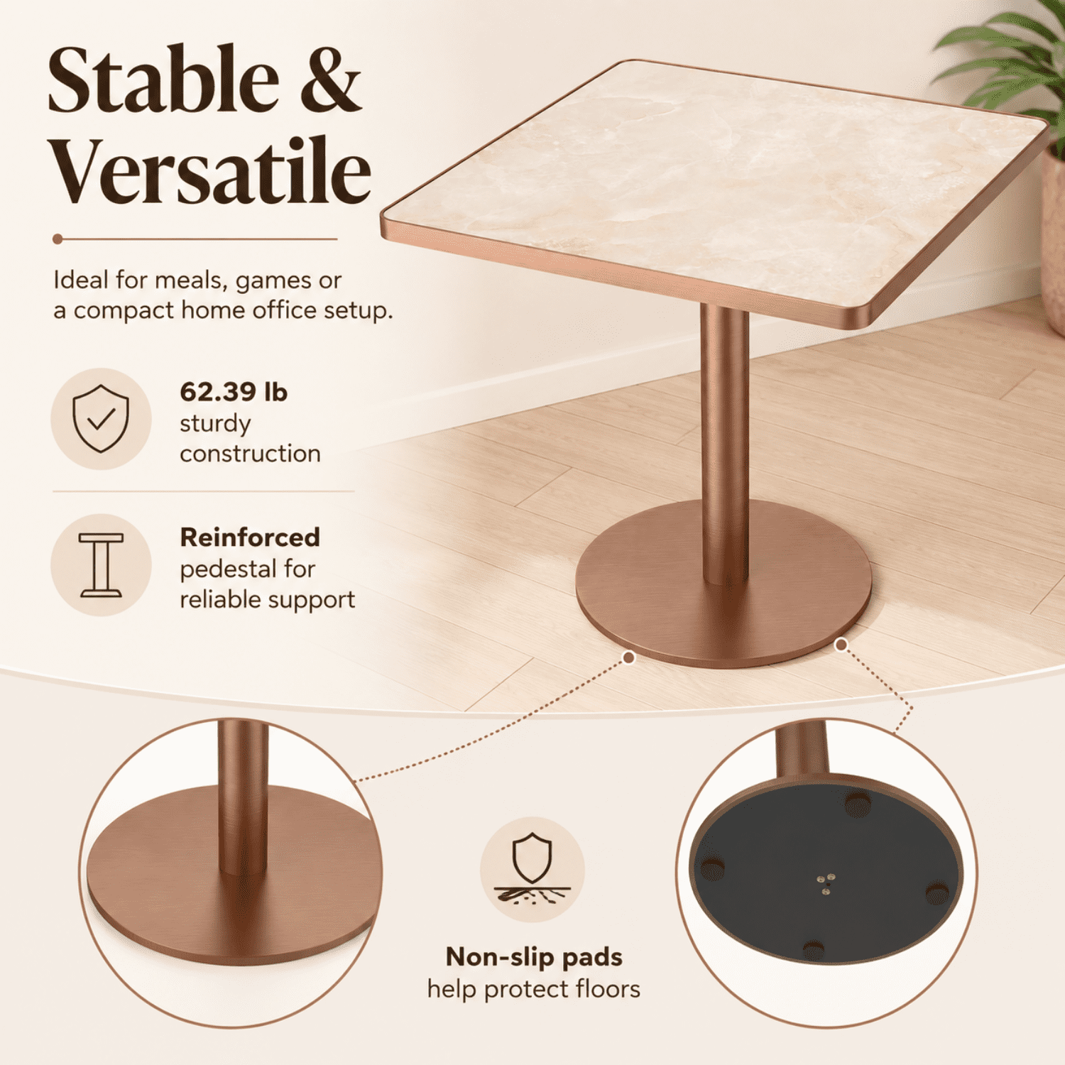 Miniyam 31.5 in Square Dining Table for 2-4, Marble-Look Sintered Stone Top, Stainless Steel Pedestal Base for Small Space, Pink