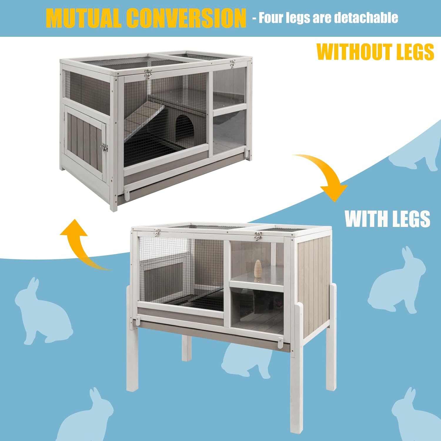 LEHOME Guinea Pig Cages Indoor, Wooden Guinea Pig Cages with Stand, Rabbit Cage Hutch with Ramp and Hideout, Small Animals Cage Habitat with Not Leakage Pull Out Tray