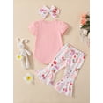 thumbnail image 4 of Genuiskids 3Pcs Newborn Baby Girls Easter Outfits 3 6 12 18 Months Infant Summer Clothes Set Pink Short Sleeve Letter Print Romper T-shirt Tops Bunny Print Flared Pants Headband 0-18M, 4 of 10