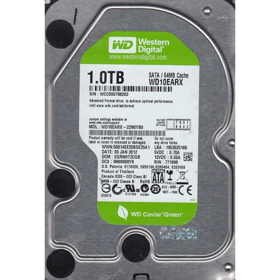 WD10EARX-22N0YB0, DCM EGRNHT2CGB, Western Digital 1TB SATA 3.5 Hard Drive