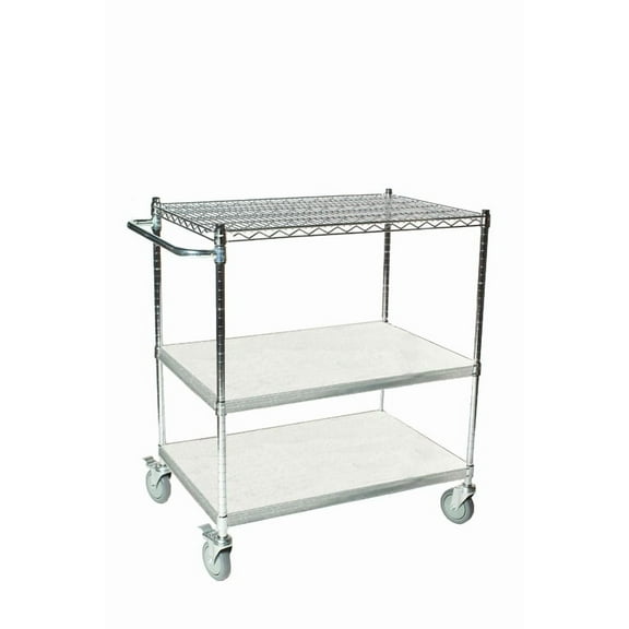 18" Deep x 30" Wide x 39" High 3 Tier Stainless Steel Shelf Cart with 1 Wire Shelf & 2 Solid Shelf
