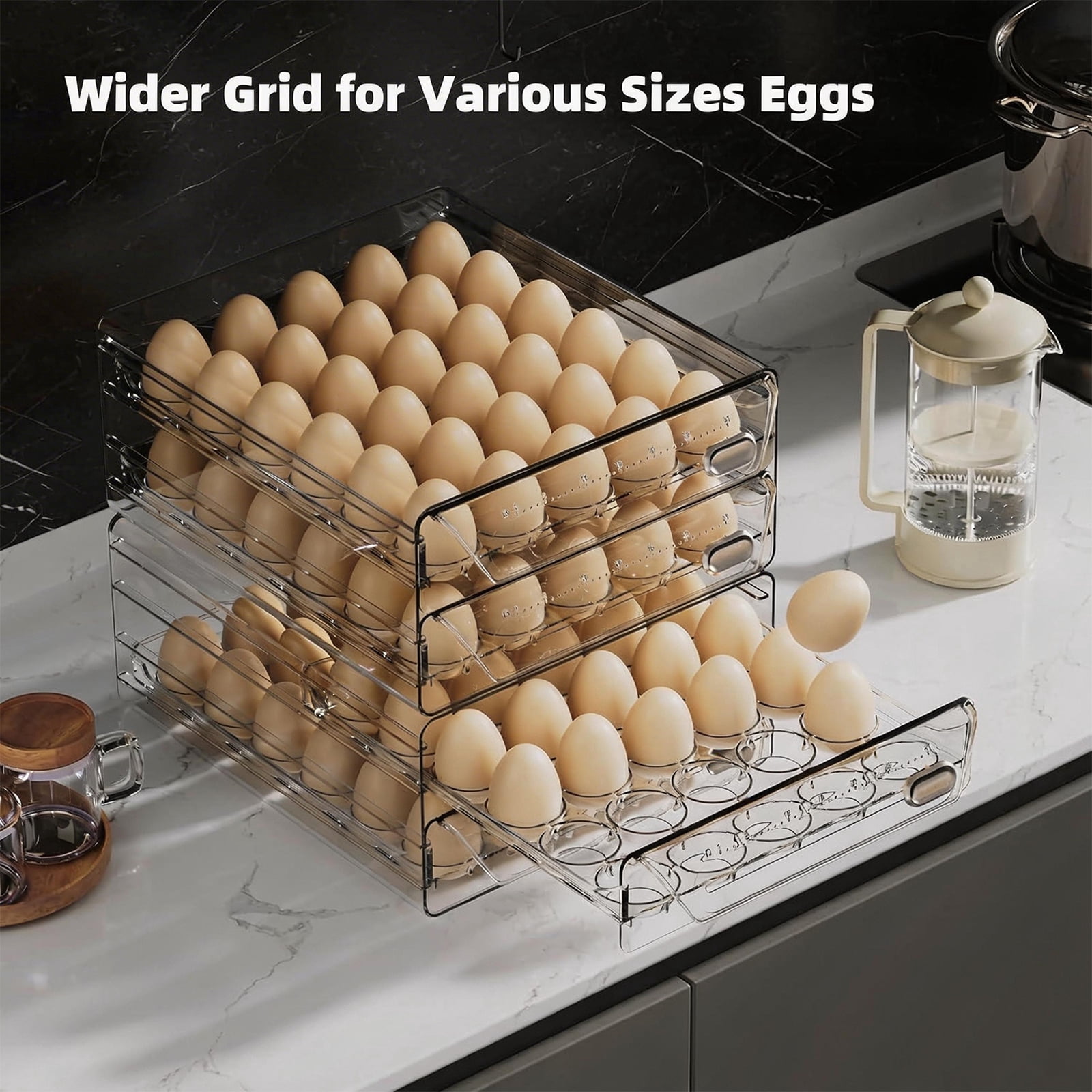 HIYOHIYO 2-Layer  Clear Stackable Fridge Egg Holder, Large Capacity Storage Tray Holds 40 Eggs, 9.8"×8.5"×5.5"