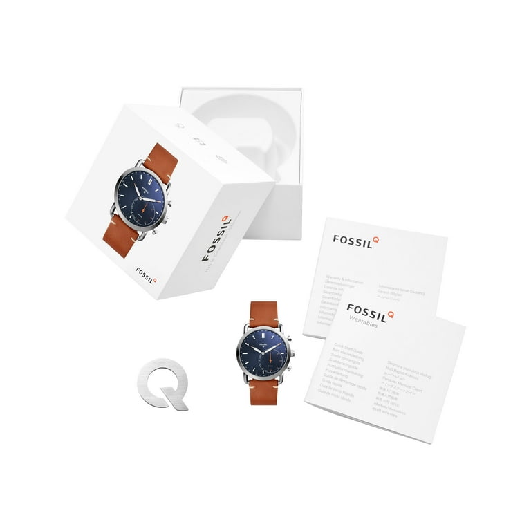 Fossil Q Commuter 42 mm silver smart watch with strap luggage leather brown wrist size up to 7.87 in Bluetooth