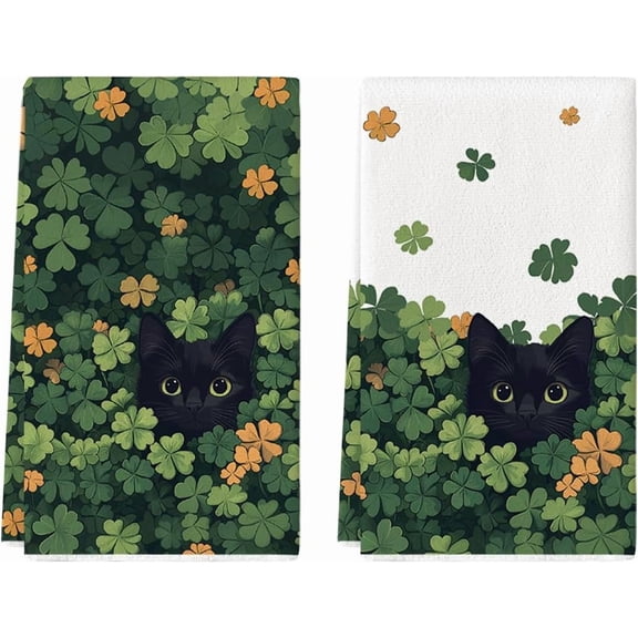 Clover Black Cat St. Patrick''s Day Kitchen Towels Dish Towels, 18x26 Inch Farmhouse Holiday Spring Decoration Hand Towels Set of 2