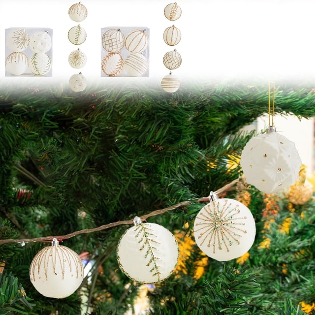Juego de Bolas Navideñas Doradas Antiguas | Adorno para Árbol de Navidad: Caja Colgante con Bolas | 4 Bolas de Pvc de 8 Cm | Varios Estilos | Ligeras y Duraderas | Ideal para Regalo Navideño