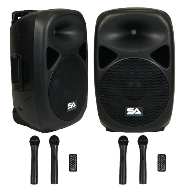 seismic audio pair of powered 12" pa speakers rechargeable with 2 mics